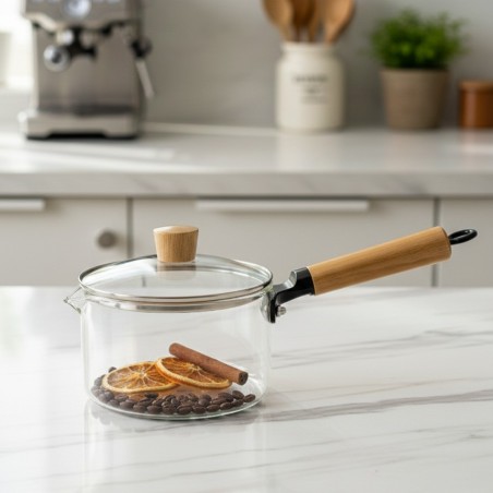 Casserole en Verre avec Manche en Bois