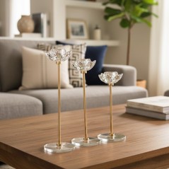 Set de Bougeoirs 3 Pièces en Cristal et Métal Doré