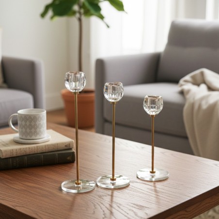 Set de Bougeoirs 3 Pièces en Cristal et Métal Doré