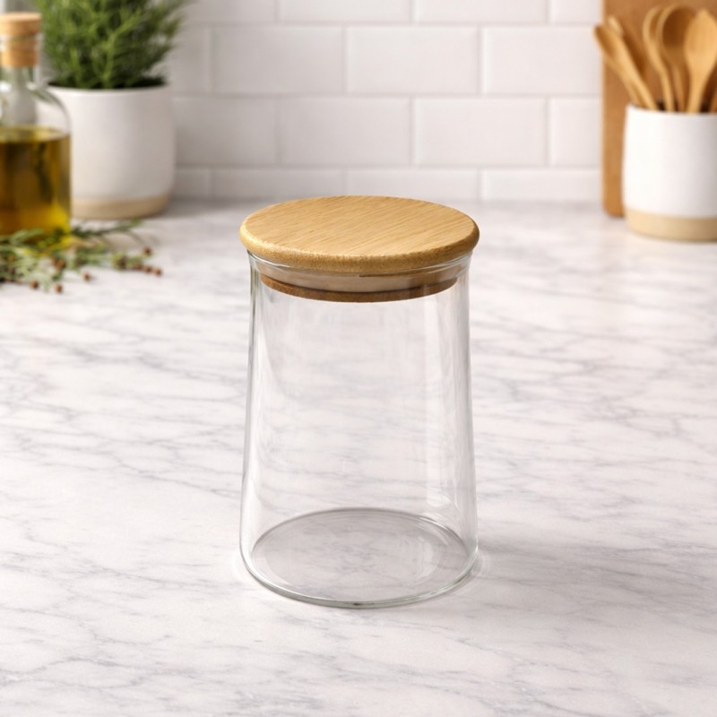Bocal de Rangement en Verre avec Couvercle en Bois