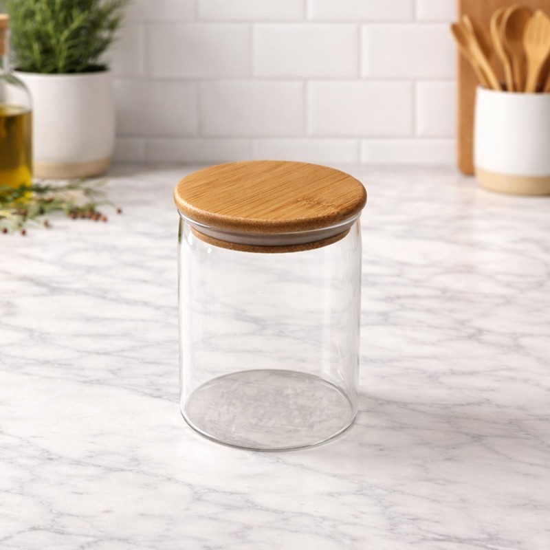 Bocal de Rangement en Verre avec Couvercle en Bois