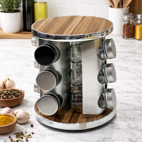 Porte-Épices Rotatif Inox & Bois 12 Pièces