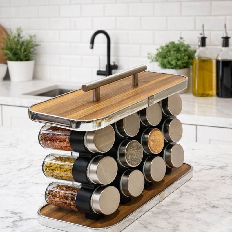Porte-Épices Bois & Verre avec Poignée 12 Pièces