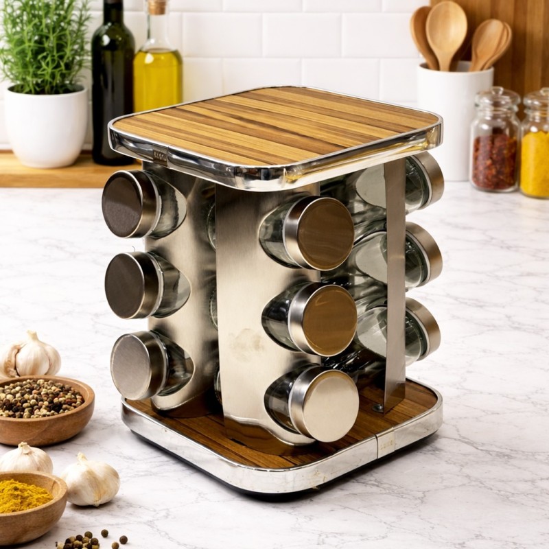 Porte-Épices Bois & Verre avec Poignée 12 Pièces