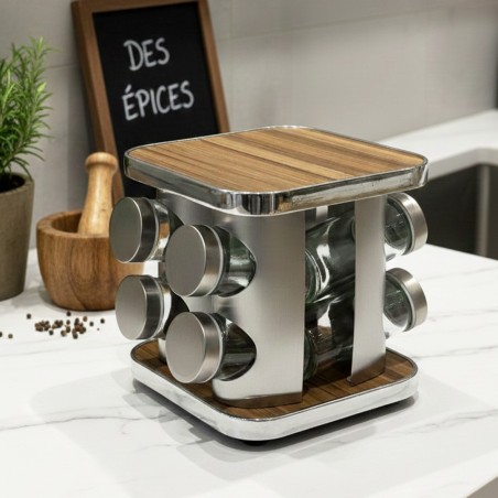 Porte-Épices Bois & Verre avec Poignée 8 Pièces
