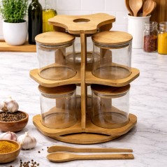 Porte-Épices Rotatif 6 Pots en Bois & Verre avec Cuillères