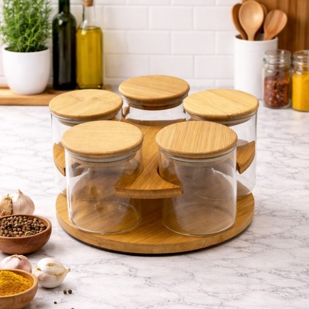 Porte-Épices Rotatif 5 Pots en Bois & Verre