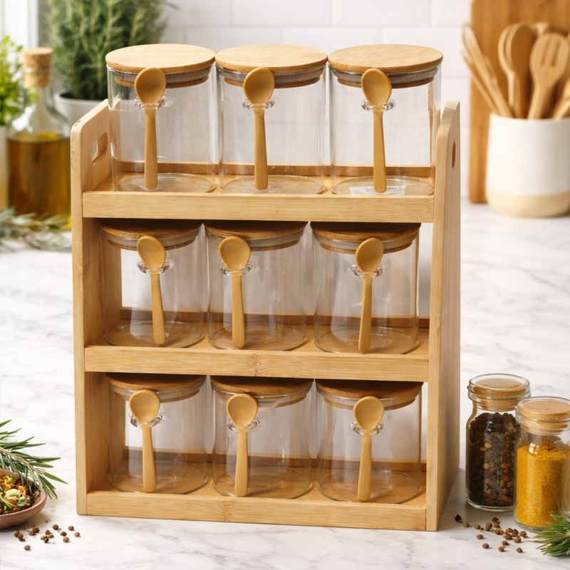 Étagère à Épices 9 Pots en Bois et Verre avec Cuillères