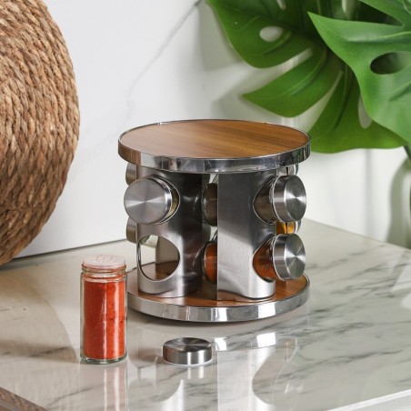 Porte-Épices Rotatif Verre & Bois 8 Pièces