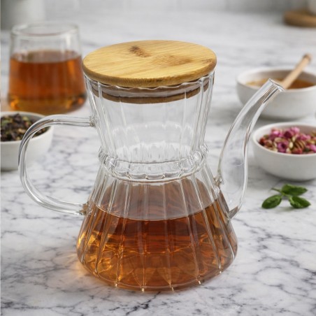 Théière en Verre 600ML avec Couvercle en Bois