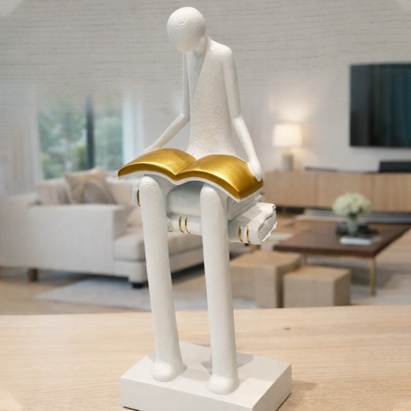 Statue Décorative Personnage Assis avec Livre en Résine