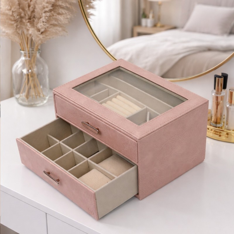 Coffret à Bijoux avec Tiroir et Couvercle en Verre