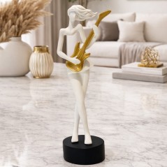 Statue Décorative Femme Guitariste Blanche & Or en Résine