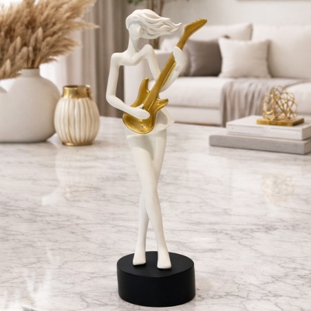 Statue Décorative Femme Guitariste Blanche & Or en Résine