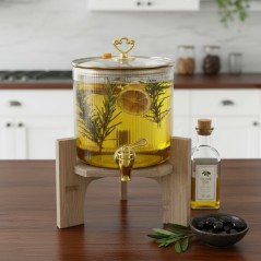 Distributeur à Huile en Verre avec Robinet et Support Bois