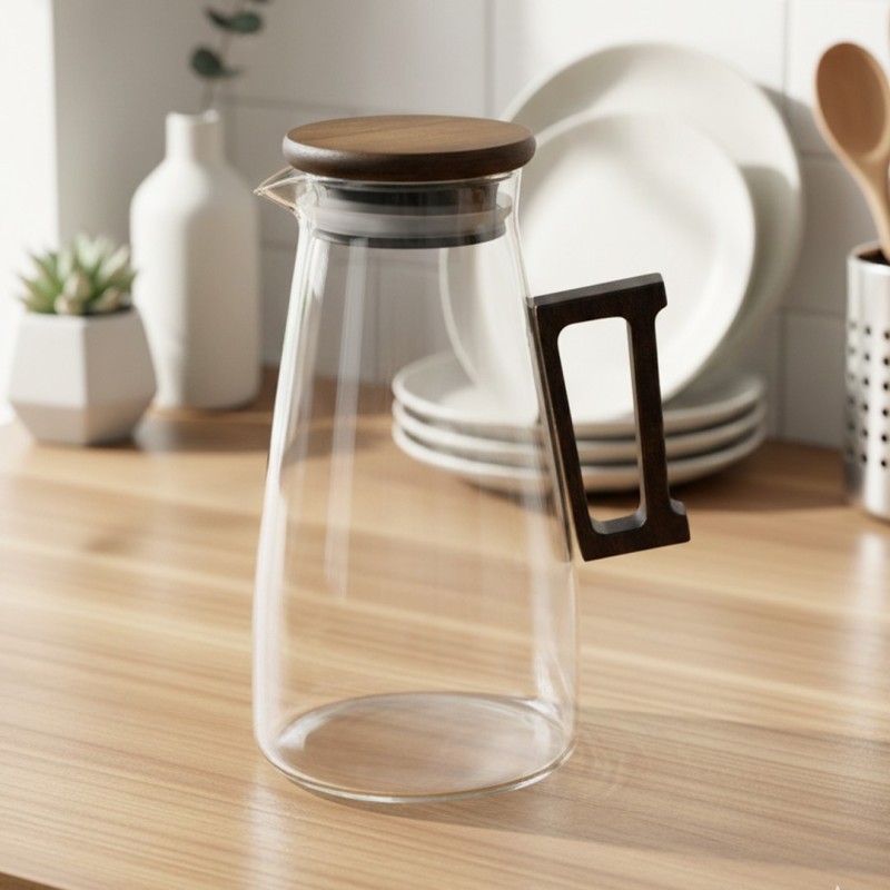 Carafe en Verre 1.8L avec Couvercle & Poignée en Bois Carafe en Verre 1.8L avec Couvercle & Poignée en Bois