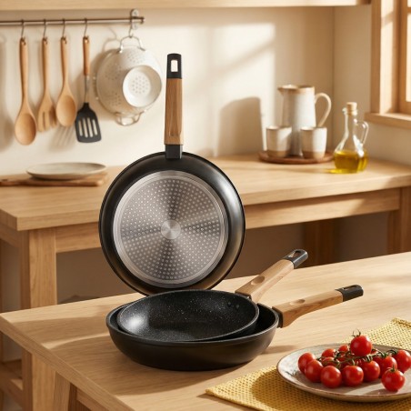 Série de 3 Poêles en Granite Manche en bois