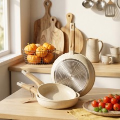 Série de 3 Poêles en Granite Manche en bois