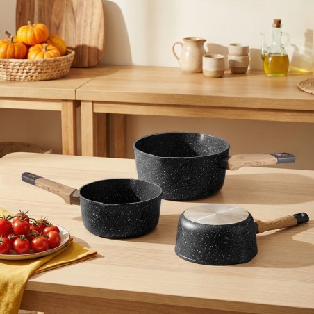 Série 3 Casseroles en Granite Noir Manche en bois