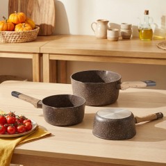 Série 3 Casseroles en Granite Marron Manche en bois