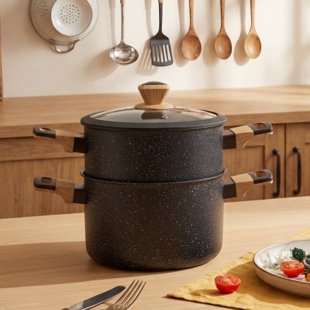 Couscoussier en Granite 22 cm avec Manches en Bois Noir