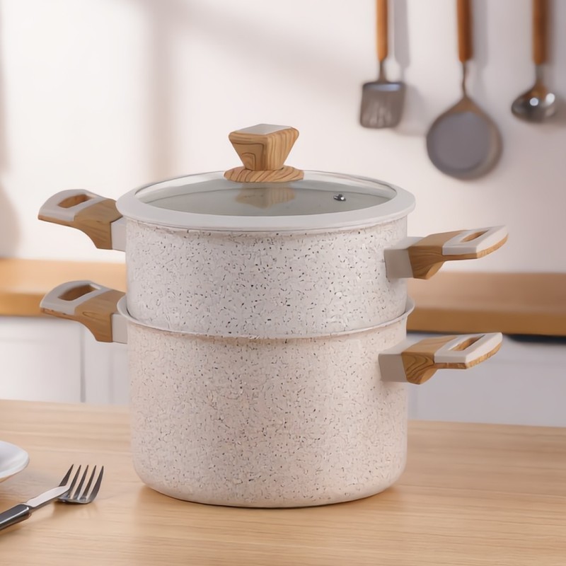 Couscoussier en Granite 24 cm avec Manches en Bois Ecru