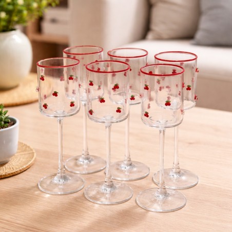 Service de Verres à Jus sur Pied Motif Cerises 6 Pièces