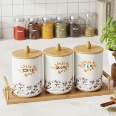 Set de 3 Bocaux Cuisine avec Support en Bois