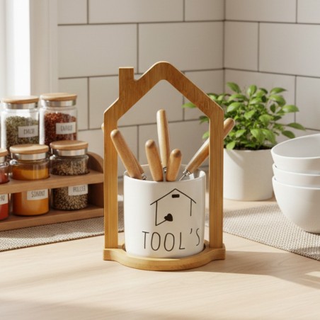 Porte-Ustensiles de Cuisine en Céramique avec Support Bambou