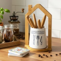 Porte-Ustensiles de Cuisine en Céramique avec Support Bambou