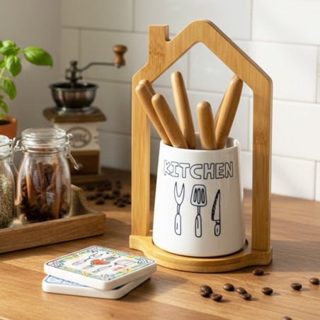 Porte-Ustensiles de Cuisine en Céramique avec Support Bambou