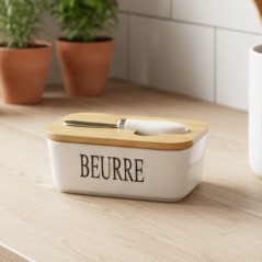 Beurrier en Céramique avec Couvercle en Bambou & Couteau