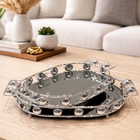 Set de 2 Plateaux Miroir Ovales en Métal Chromé