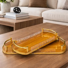 Set de 2 Plateaux Rectangulaires Bois & Métal Doré