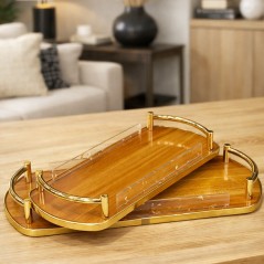 Set de 2 Plateaux Rectangulaires Bois & Métal Doré