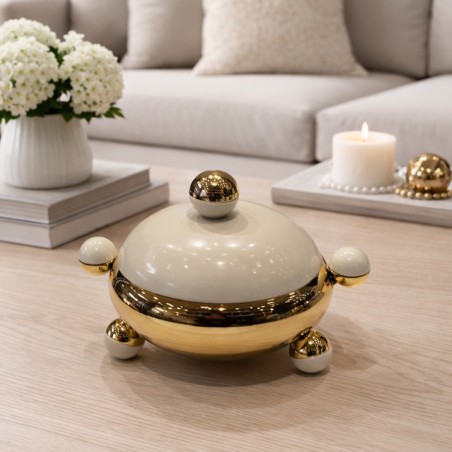 Bonbonnière décorative en céramique beige et or