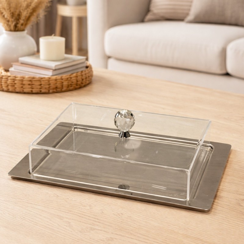 Plateau avec cloche transparente rectangulaire