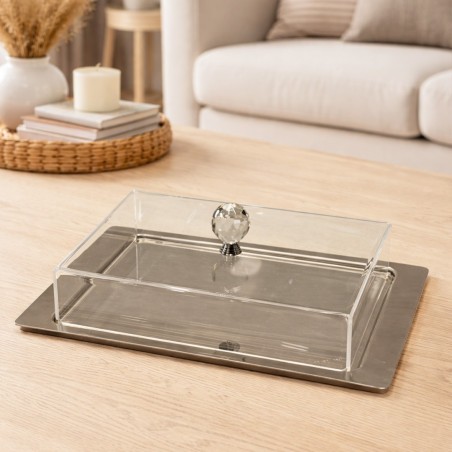 Plateau avec cloche transparente rectangulaire