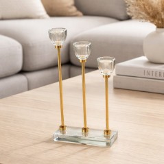 Bougeoir décoratif triple en verre et finition dorée