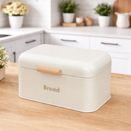 Boîte à Pain en Métal avec Poignée Effet Bois