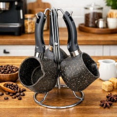 Set de 3 Casseroles à Café Noires avec Support Métallique