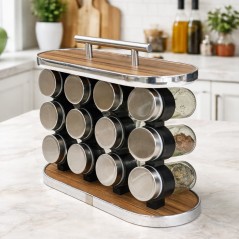 Porte-Épices Bois & Verre avec Poignée 12 Pièces