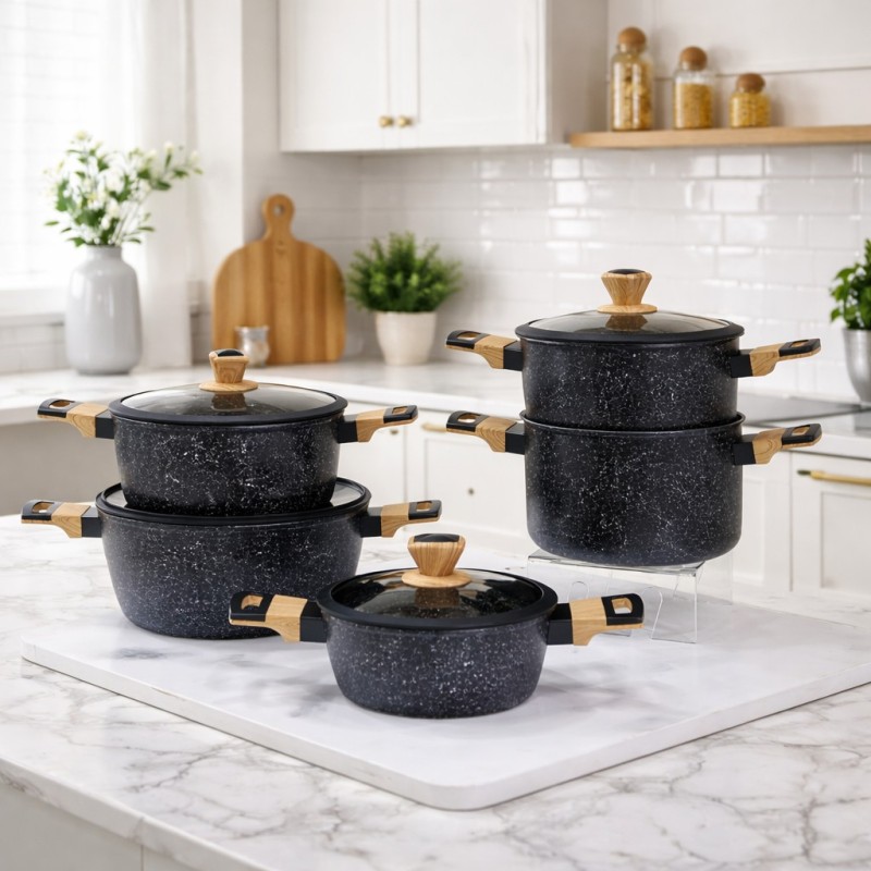 Batterie de Cuisine en Granite 9 Pièces - Noir