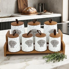 Set Porte Épices en Céramique avec Support en Bois 7 Pièces