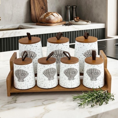 Set Porte Épices en Céramique avec Support en Bois 7 Pièces