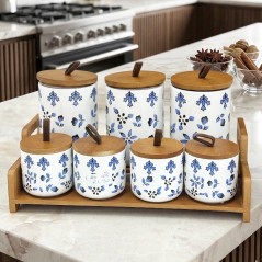 Set Porte Épices en Céramique avec Support en Bois 7 Pièces
