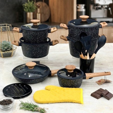 Batterie de Cuisine en Granite 22 Pièces - Noir