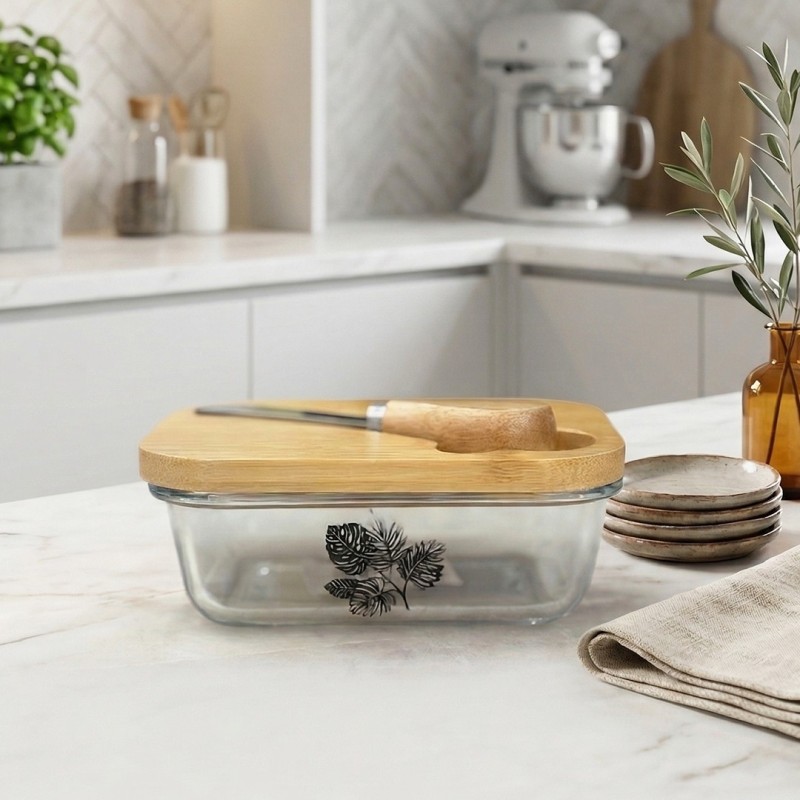 Beurrier en Verre avec Couvercle Bambou & Couteau Beurrier en Verre avec Couvercle Bambou & Couteau