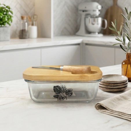 Beurrier en Verre avec Couvercle Bambou & Couteau
