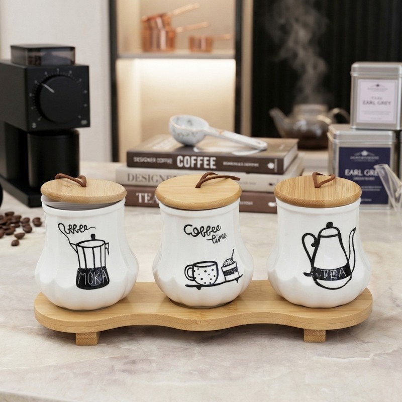 Set 3 Pots de Cuisine en Céramique avec Support